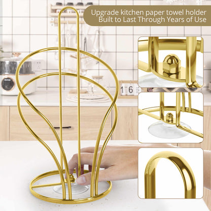 Paper Towel Holder Countertop, Stainless Steel Paper Towel Roll Holder and Paper Napkinholder Set, Standing Paper Towel Roll Holder Stand with Weighted Base Suction Cups (Gold)