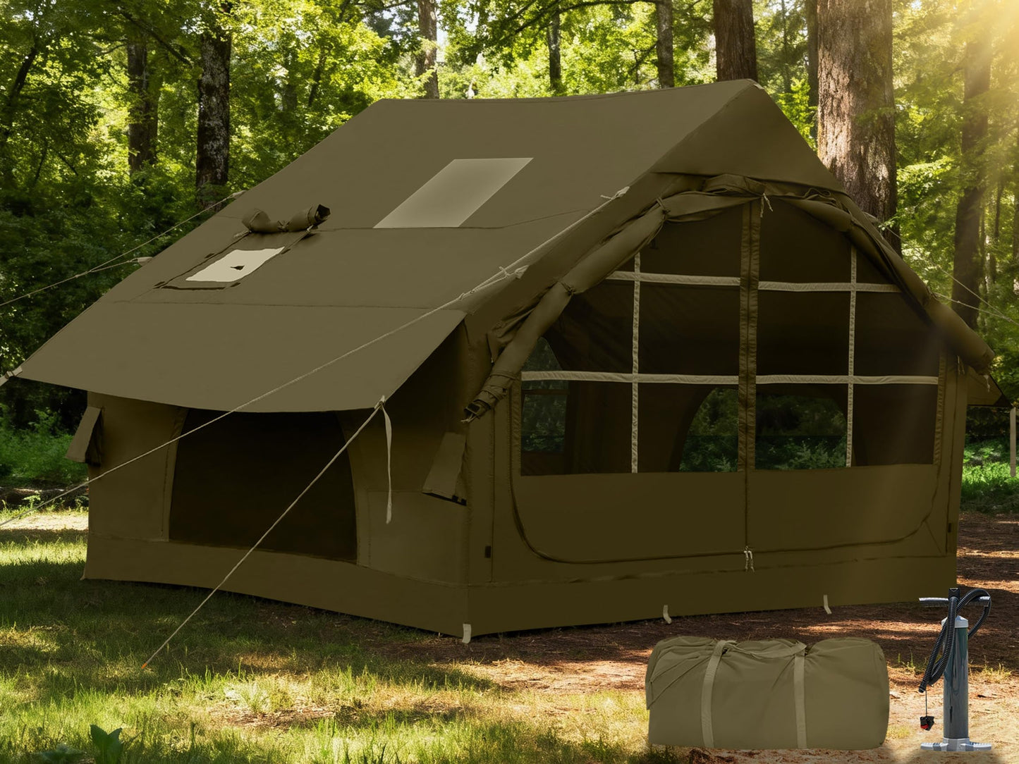 Inflatable Tents for Camping with Stove Jack,4-6 Person Easy Setup Blow Up Tents for 4 Seasons Waterproof Inflatable Camping Tent with Clear Skylight, Air House Glamping Tents for Adult
