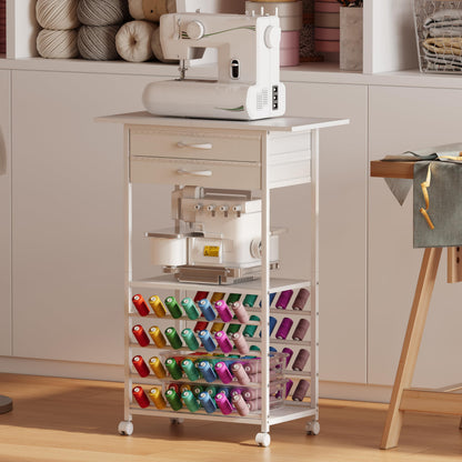 NinPeen Rolling Sewing Machine Table with 2 Fabric Drawers，Craft Table on Wheel with Spools Thread Holder，Portable Sewing Cabinet for Embroidery Machine with 3 Open Shelves for Small Spaces (White)