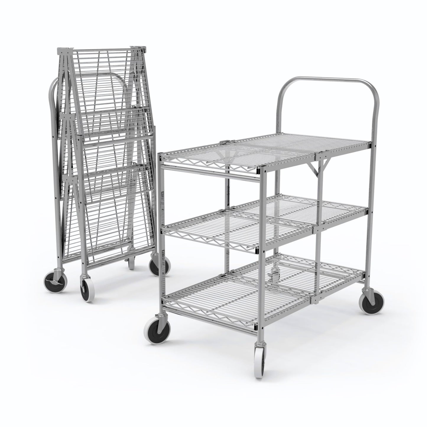 Luxor WSCC-3 Three-Shelf Collapsible Wire Utility Cart, Push Heavy Duty, 4" Thermoplastic Rubber Casters Two with Locking Brakes,Holds 300 lbs. and Folds Up for Storage, 37"W x 18.25"D x 30.5"H