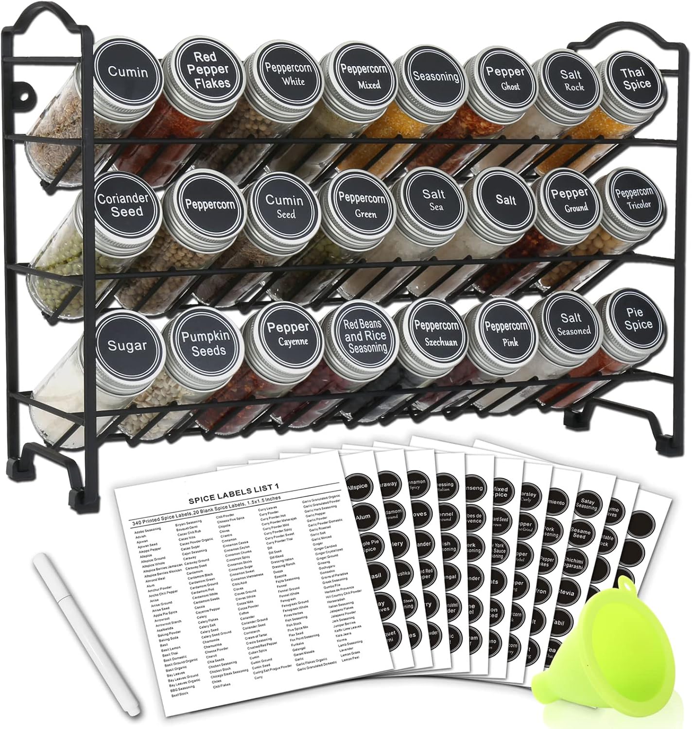 SWOMMOLY 3 Tier Spice Rack Organizer with 24 Empty Round Spice Jars, 396 Spice Labels, Funnel and Chalk Marker