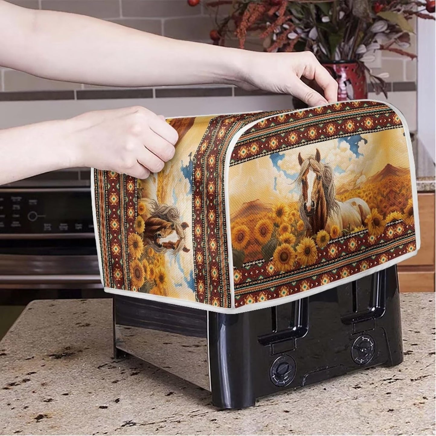 Aztec Horse Bread Toaster Cover, 4 Slice Sunflower, Washable Dustproof Cover, Small Decorative Toaster