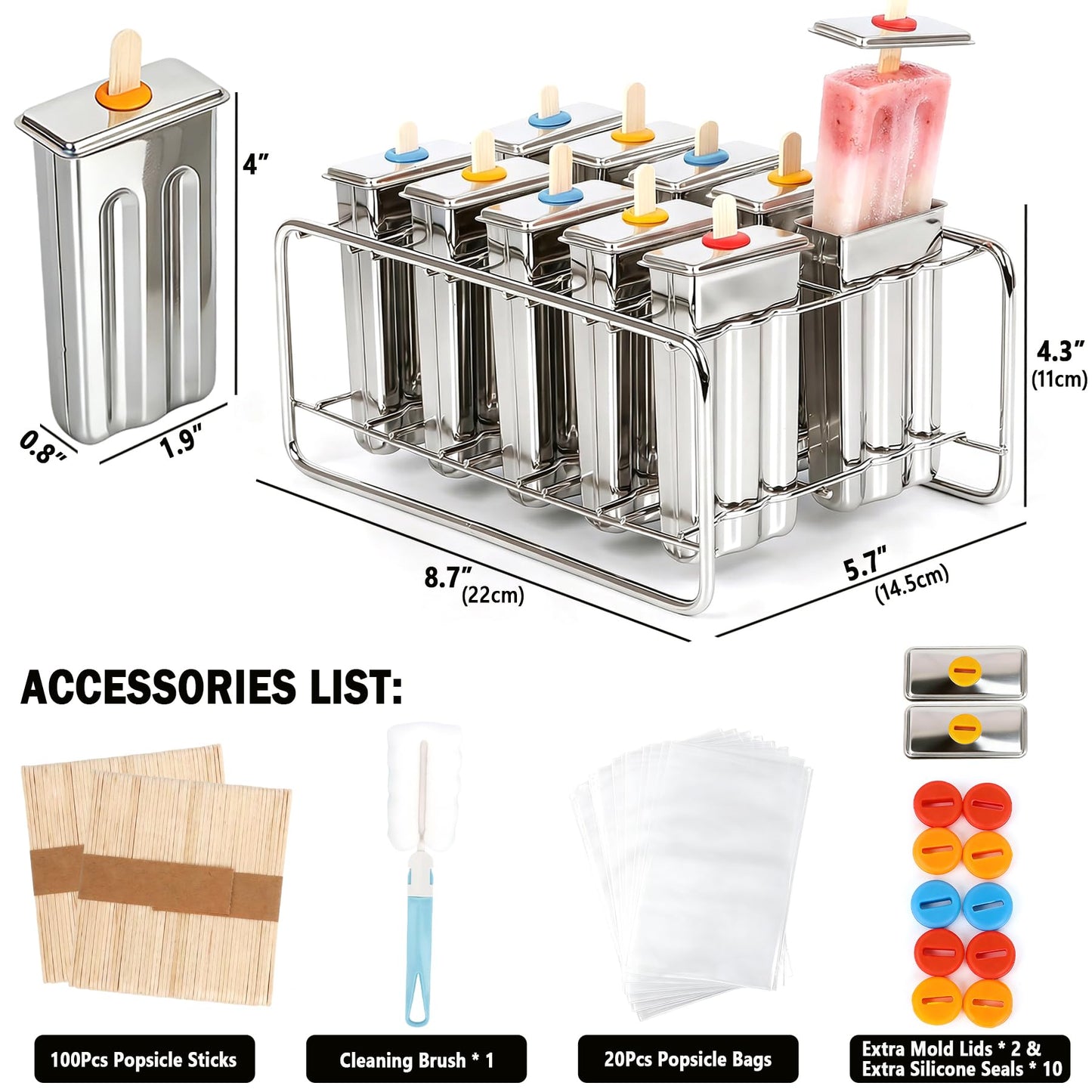 Popsicle Molds Set 10 Pieces Stainless Steel Popsicle Maker, Homemade Popsicle Molds with 100 Sticks, 20 Bags, 22 Silicone Seals, 1 Cleaning Brush & 1 Stand, Ice Pop Mold Maker for Kids (Square)