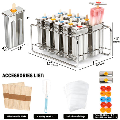 Popsicle Molds Set 10 Pieces Stainless Steel Popsicle Maker, Homemade Popsicle Molds with 100 Sticks, 20 Bags, 22 Silicone Seals, 1 Cleaning Brush & 1 Stand, Ice Pop Mold Maker for Kids (Square)