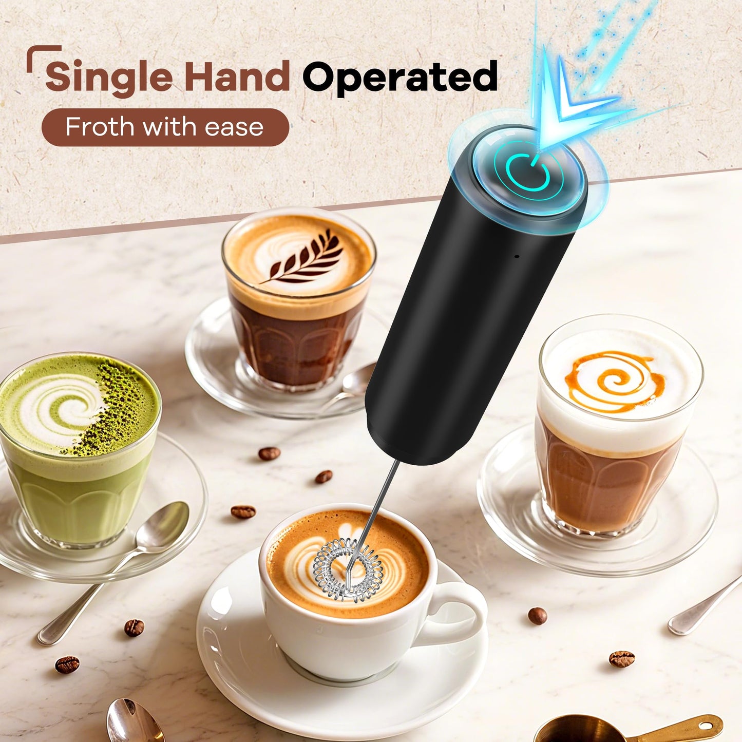 Rechargeable Milk Frother, Handheld Coffee Frother Wand Drink Mixer with Cover, Electric Whisk Coffee Mixer for Matcha Lattes Cappuccino Hot Chocolate