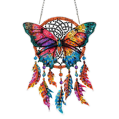 KEYIFA Butterfly Diamond Art Hanging Kits with Chain, Special Shaped Drill Diamond Painting Pendant, Dreamcatcher Crystal Gem Art Pendant 5D Window Crafts for Wall Garden Door Decor, Width 7.9inch