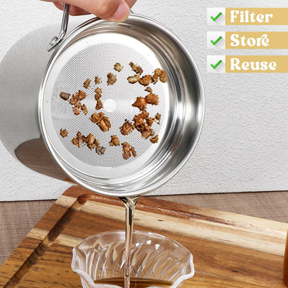 1.8L / 61 oz Bacon Grease Container with Strainer, 304 Stainless Steel Grease Container, Oil Filter with Fine Mesh Strainer and Dust-Proof Lid for Storing Frying Oil