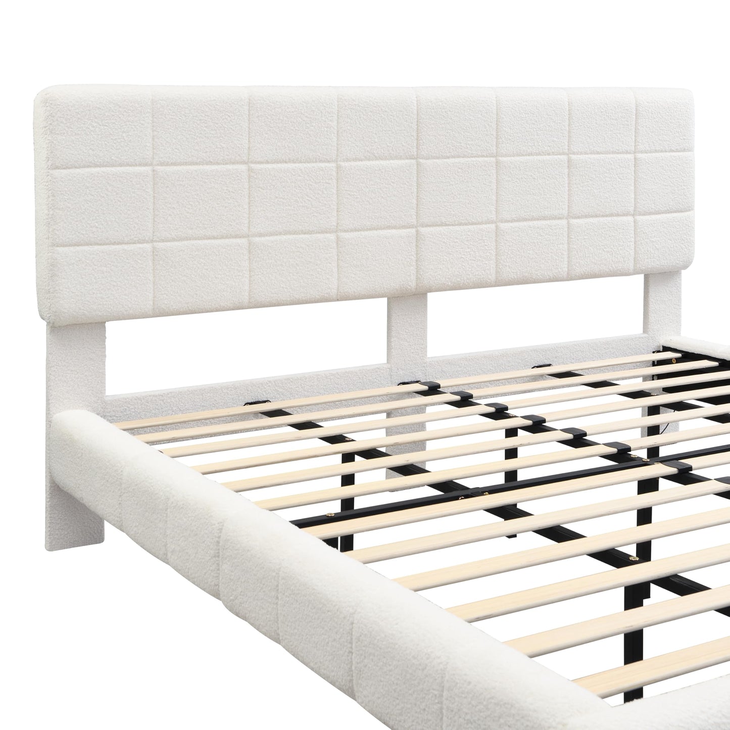 Merax King Size White Boucle Upholstered Platform Bed with Tall Headboard, Modern Floating Bed Frame with LED Lights for Bedroom, Solid Wood Slats Support, No Box Spring Needed, Easy Assembly