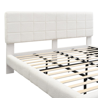 Merax King Size White Boucle Upholstered Platform Bed with Tall Headboard, Modern Floating Bed Frame with LED Lights for Bedroom, Solid Wood Slats Support, No Box Spring Needed, Easy Assembly