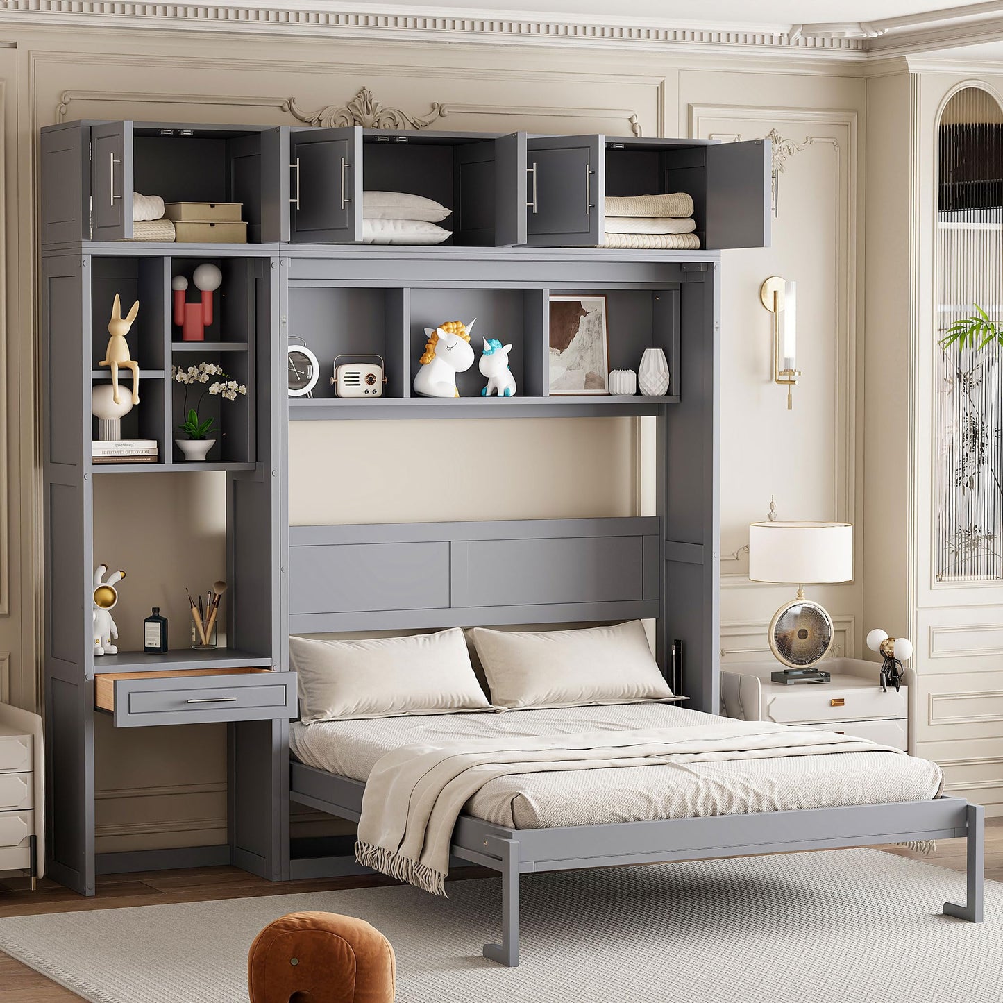 Merax Queen Size Wall Murphy Bed with Desk, Top Cabinet and Storage Shelves, Space Saving Foldable Bed, Wooden Bed Frame