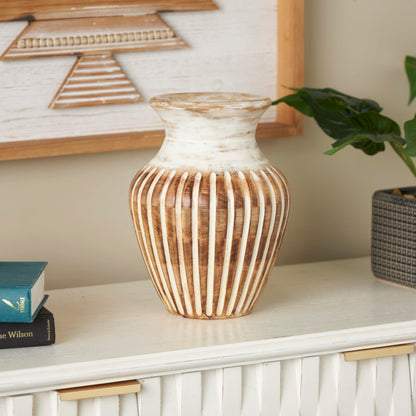 Deco 79 Mango Wood Decorative Vase Distressed Centerpiece Vase with Carved Grooves, Vase for Home Decoration 8" x 8" x 11", Brown