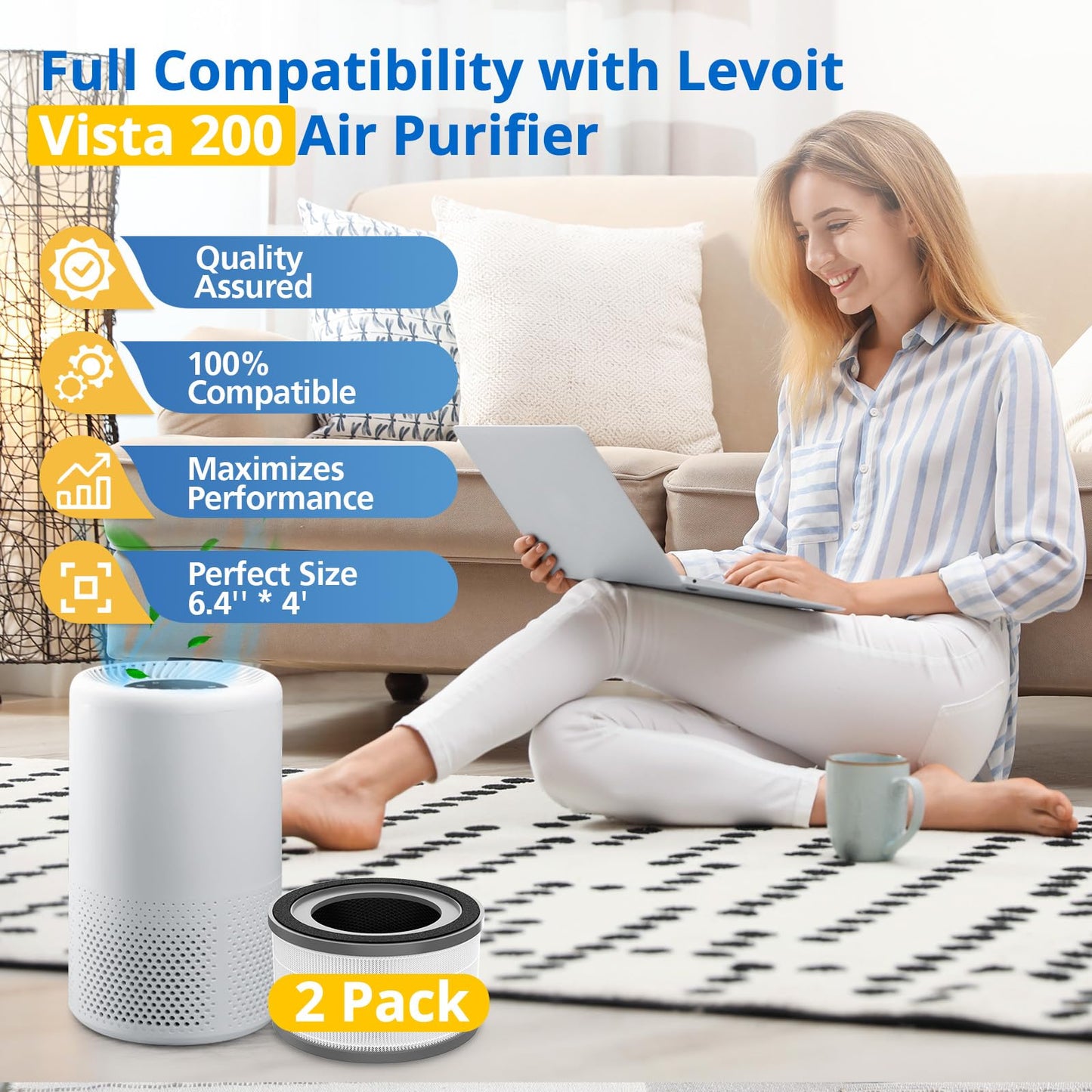 2 Pack Vista 200 Replacement Filter Compatible with LEVOIT Vista 200 Air Puri-fier, 3-in-1 H13 True HEPA Filter, High-Efficiency Activated Carbon Filter, Vista200-RF