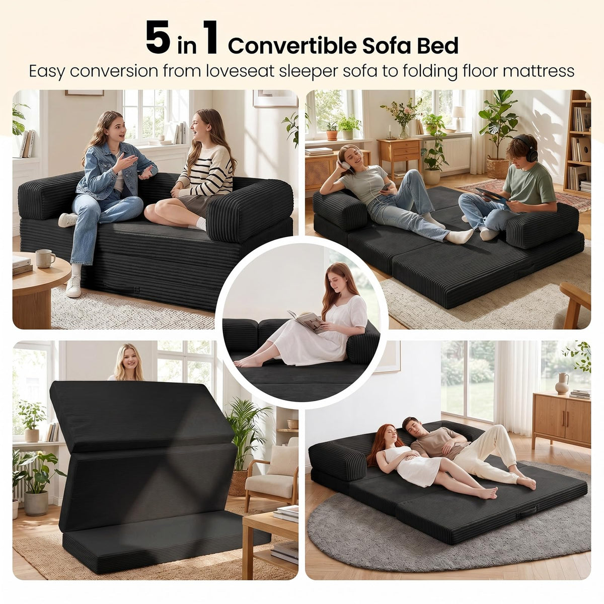 Erament Convertible Sofa Bed, Tri-Folding Mattress Queen Futon Couch Bed, Boneless Sleeper Couch Bed with Removable Armrests & Washable Cover for Guest Room, Living Room, Queen, Black