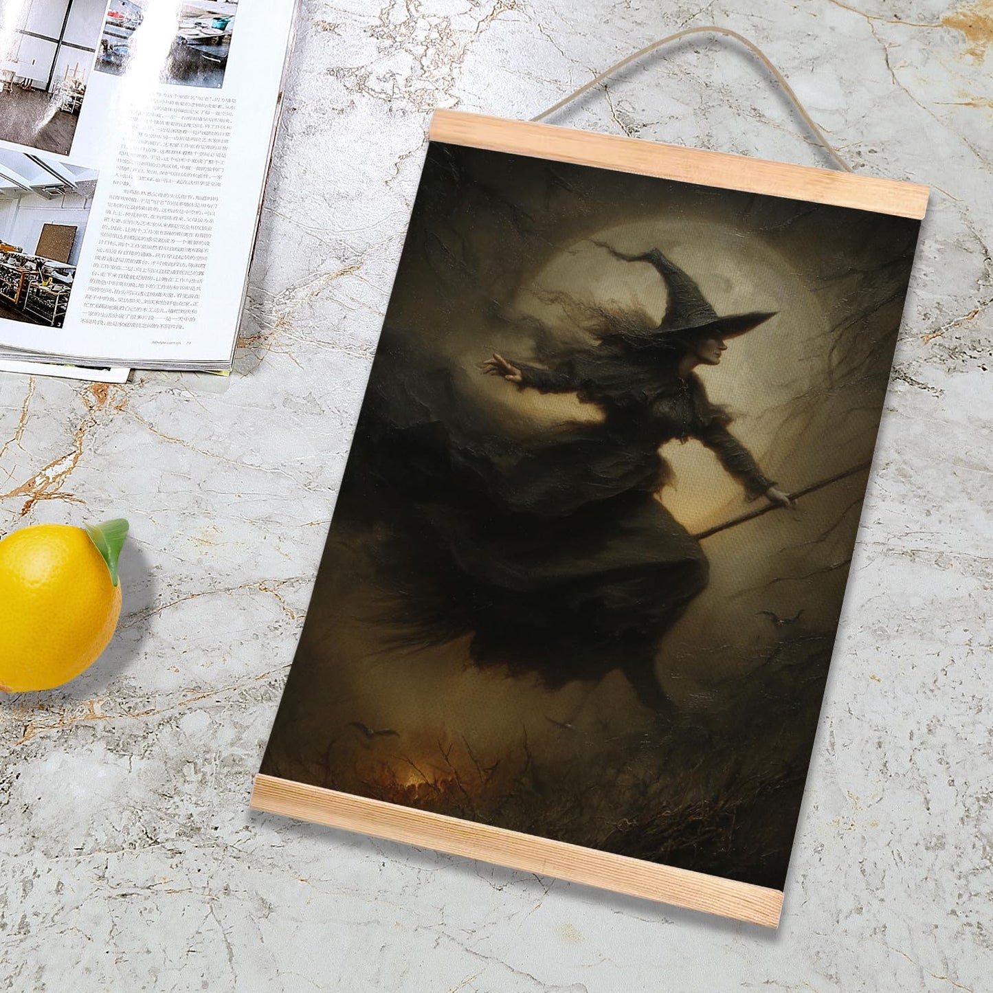 HEYJEEPER Witch Wall Art Decor,18x14inch Gothic Witch Flying on Broomstick Linen Posters, Dark Academia Moon Artwork, Spooky Wall Hanging Decor for Bedroom,Living Room,or Witch Room Decor (A Witch)