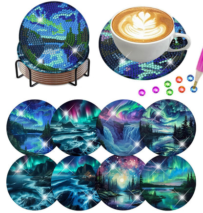 Northern Lights 8 Pcs Diamond Art Coasters Kits for Adults with Holder Cork Pads, DIY Non-Slip Diamond Painting Coasters for Home Office Decor 4x4in (Aurora)