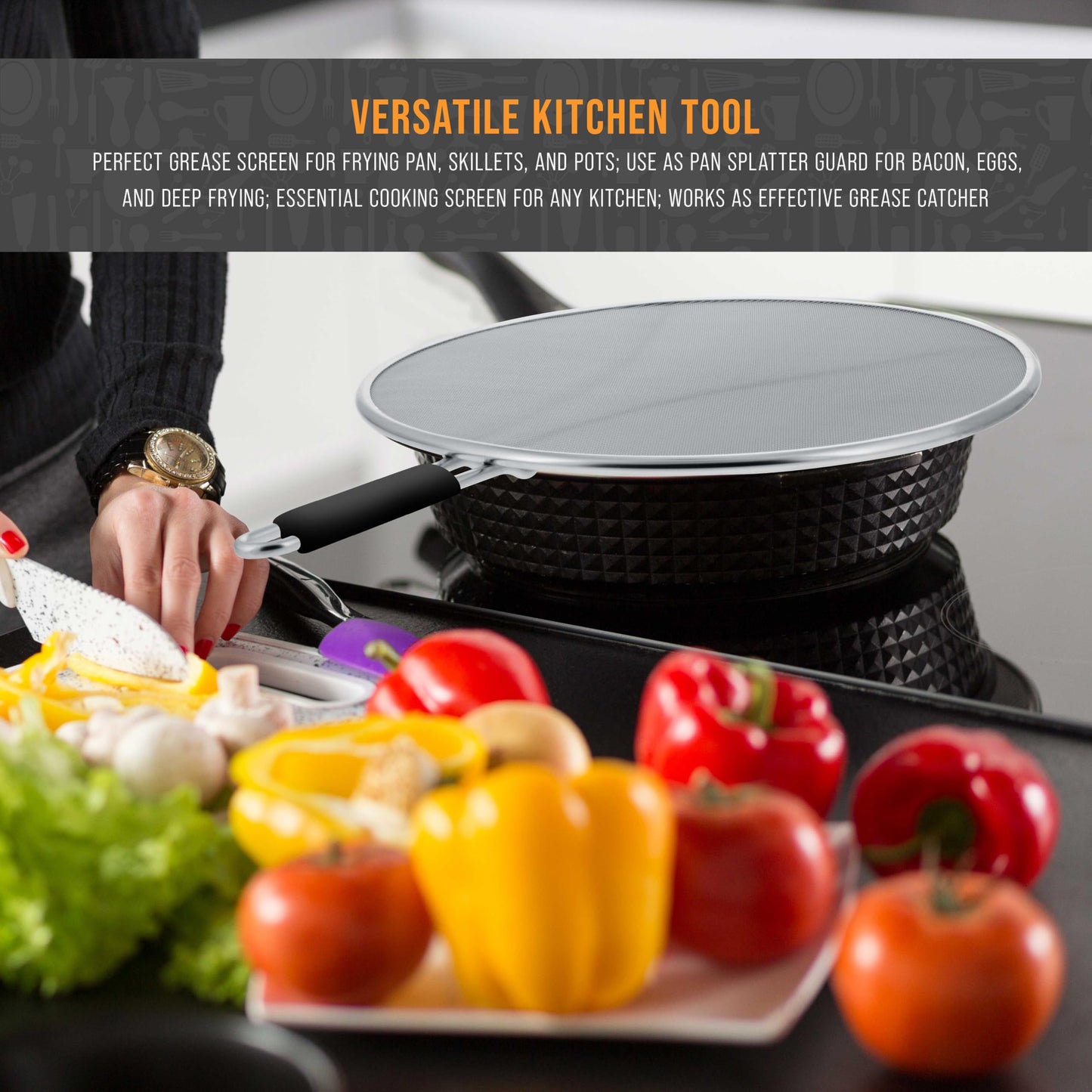 U.S. Kitchen Supply 3-Piece Stainless Steel Splatter Guard Set (13", 11.5", 9.5") Fine Mesh Cover, Grease & Oil, Splatter Screen for Frying Pan, Cooking Pots, with Resting Feet & Comfort Grip Handles