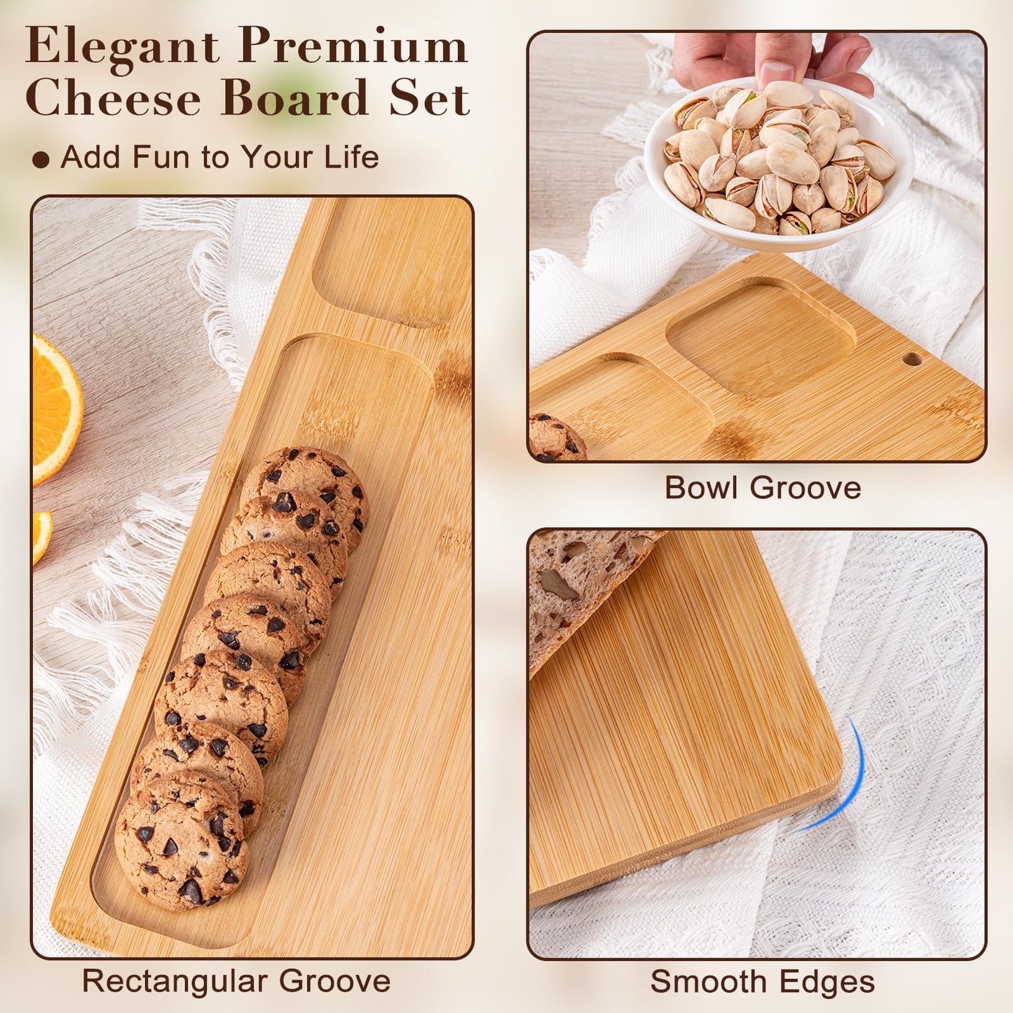 AISOSO Charcuterie Boards, Personalized Bamboo Cheese Board Set with 4 Cheese Knife, Lightweight and Elegant Serving Platter Accessories for Entertaining Party Picnic, Housewarming and Wedding