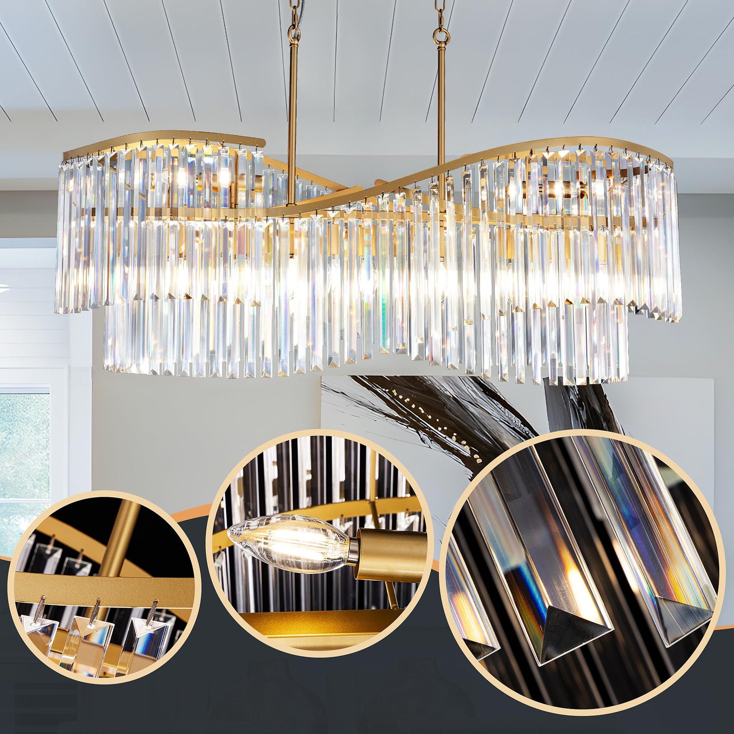 TOCHIC Modern Crystal Chandelier for Dining Room, 41 inch Gold Chandelier Light Fixture Ceiling Hanging Oval Arc Chandeliers Pendant Lighting for Kitchen Island Living Room Foyer Entryway
