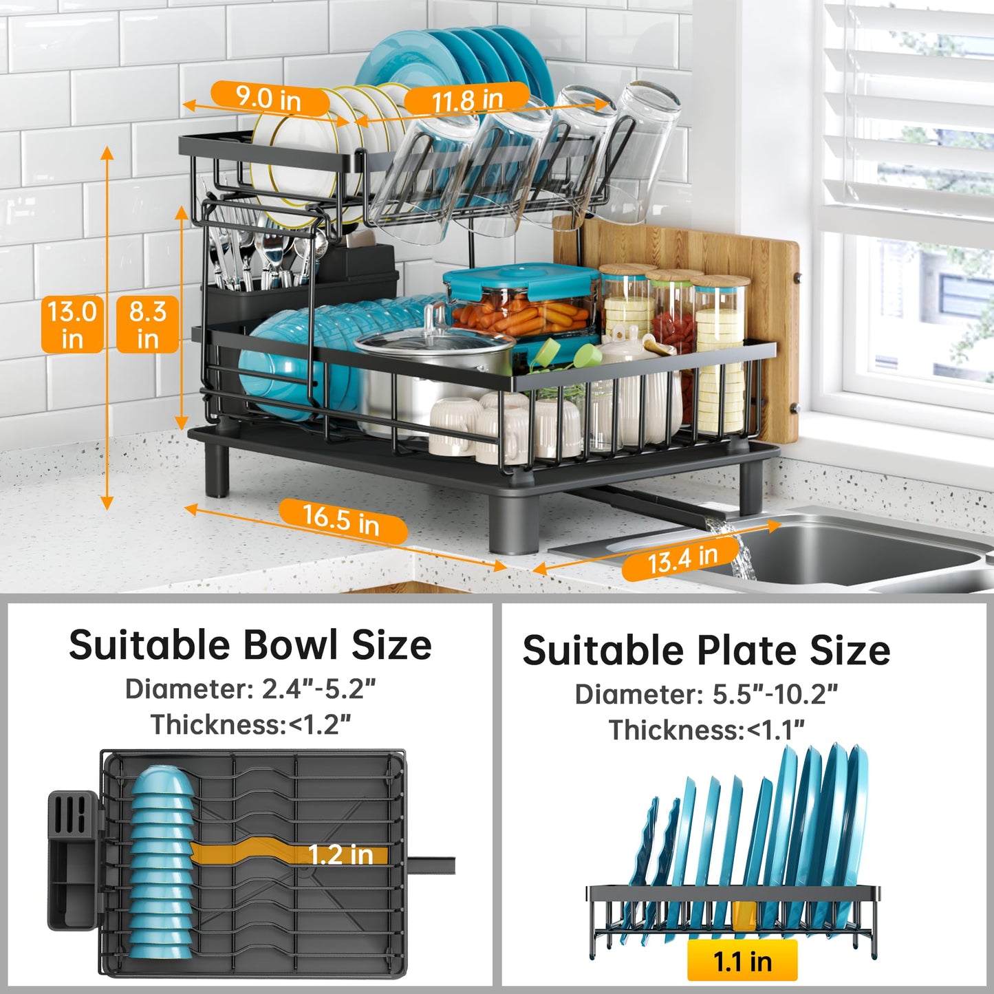 IMXSUMDA Dish Drying Rack, 2 Tier Dish Racks for Kitchen Counter, Compact Drying Rack Kitchen, Rust-Resistant Dish Drainer, Detachable Space-Saving Dish Rack with Drainboard, Utensil Holder, Black