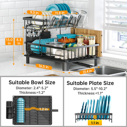 IMXSUMDA Dish Drying Rack, 2 Tier Dish Racks for Kitchen Counter, Compact Drying Rack Kitchen, Rust-Resistant Dish Drainer, Detachable Space-Saving Dish Rack with Drainboard, Utensil Holder, Black