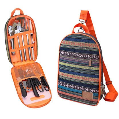 Portable Camping Kitchen Utensil Set-27 Piece Cookware Kit, Stainless Steel Outdoor Cooking and Grilling Utensil Organizer Travel Set Perfect for Travel, Picnics, RVs, Camping, BBQs, Parties and More