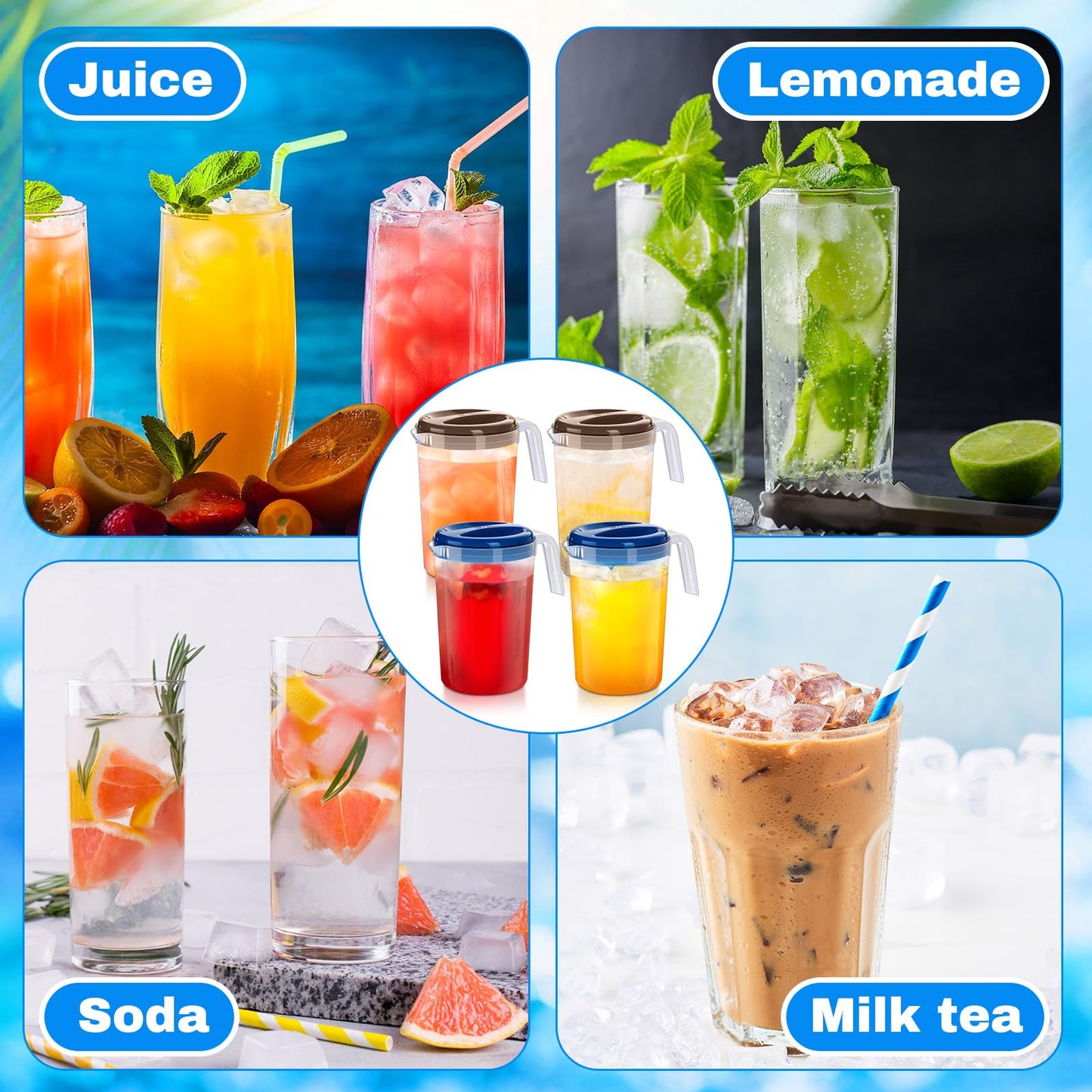 Reallnaive 4 Pcs 1 Gallon Plastic Pitcher with Lid Iced Tea Pitchers Drink Container with Twist Cover Tea Jug for Fridge for Water Juice and Fridge Storage, Dishwasher and Freezer Safe (Grey,Blue)