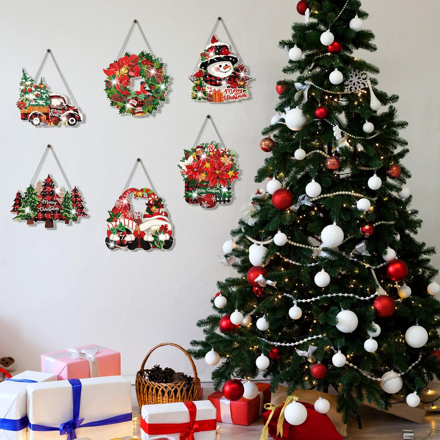 Zonon 6 Pcs Christmas Diamond Painting Hanging Sign Set 5D Gnome Snowman Diamond Art Set for Adults DIY Art Pendant Ornaments Kits Acrylic Christmas Tree Wreath Truck for Wall Window Decor