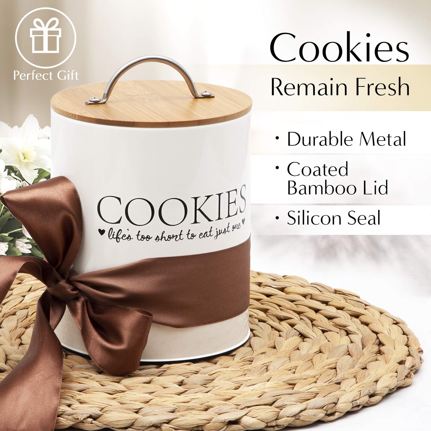 D'Lifeful Cookie Jar with Airtight Bamboo Lid – 0.6 Gallon Cute and Decorative Cookie Storage for Kitchen Countertop – Farmhouse Storage Tin for Freshness – Great Gift Idea