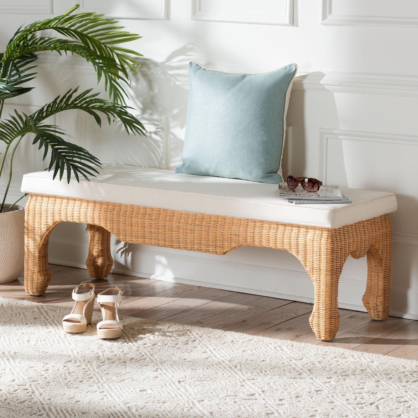 Bali & pari Abena Ming Style Natural Rattan Furniture, Wicker Accent Furniture for Hallway, Living Room Or Foyer, Bench
