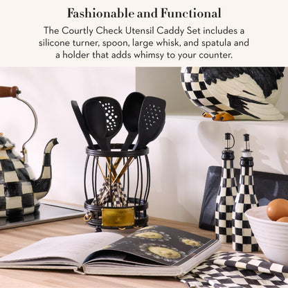MACKENZIE-CHILDS Utensil Caddy Set with Kitchen Utensils, Black-and-White Courtly Check