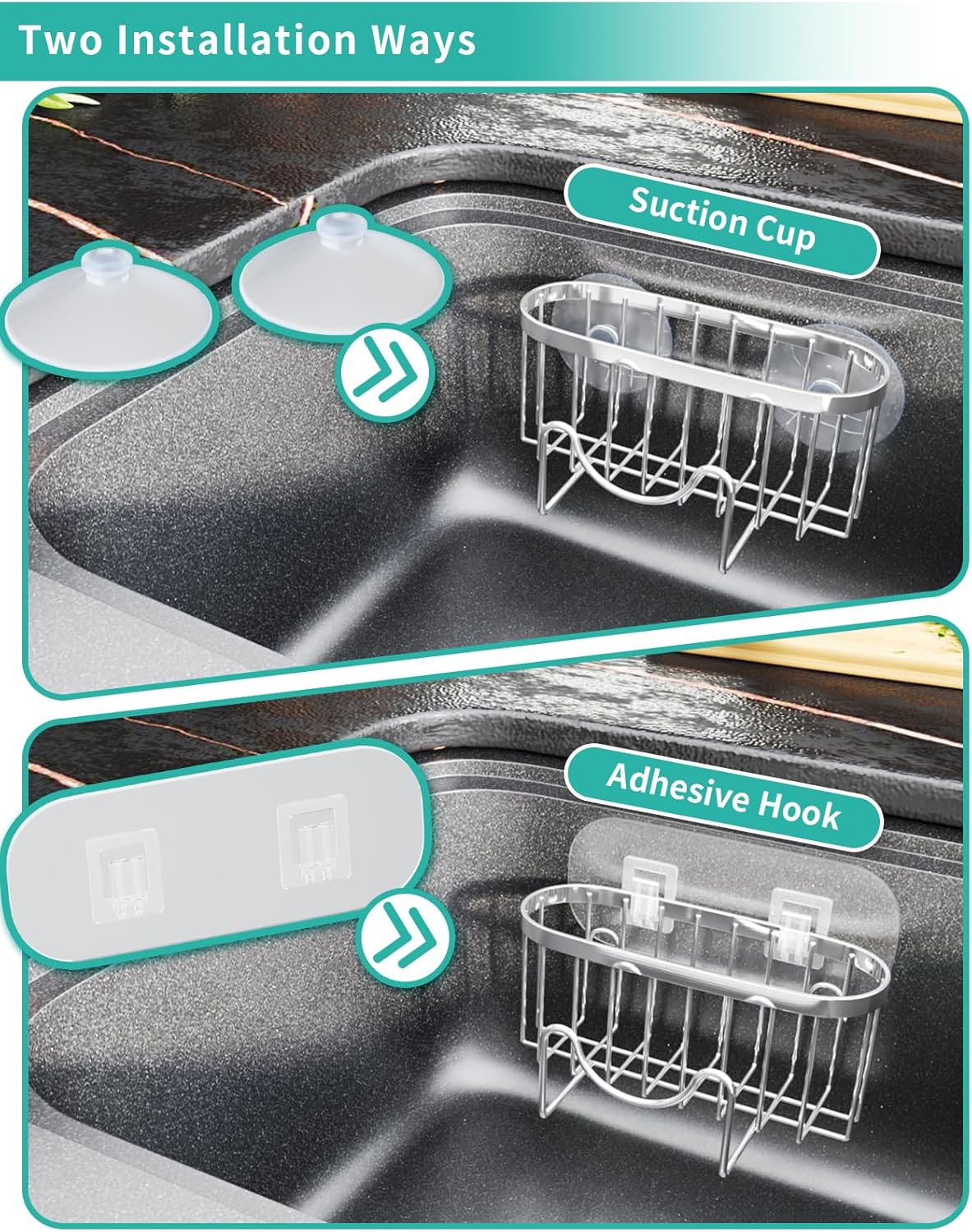 2 HapiRm Multifunctional Adhesive Kitchen Sink Organizer with M-Shaped, Installation Methods Kitchen Sponge Holder