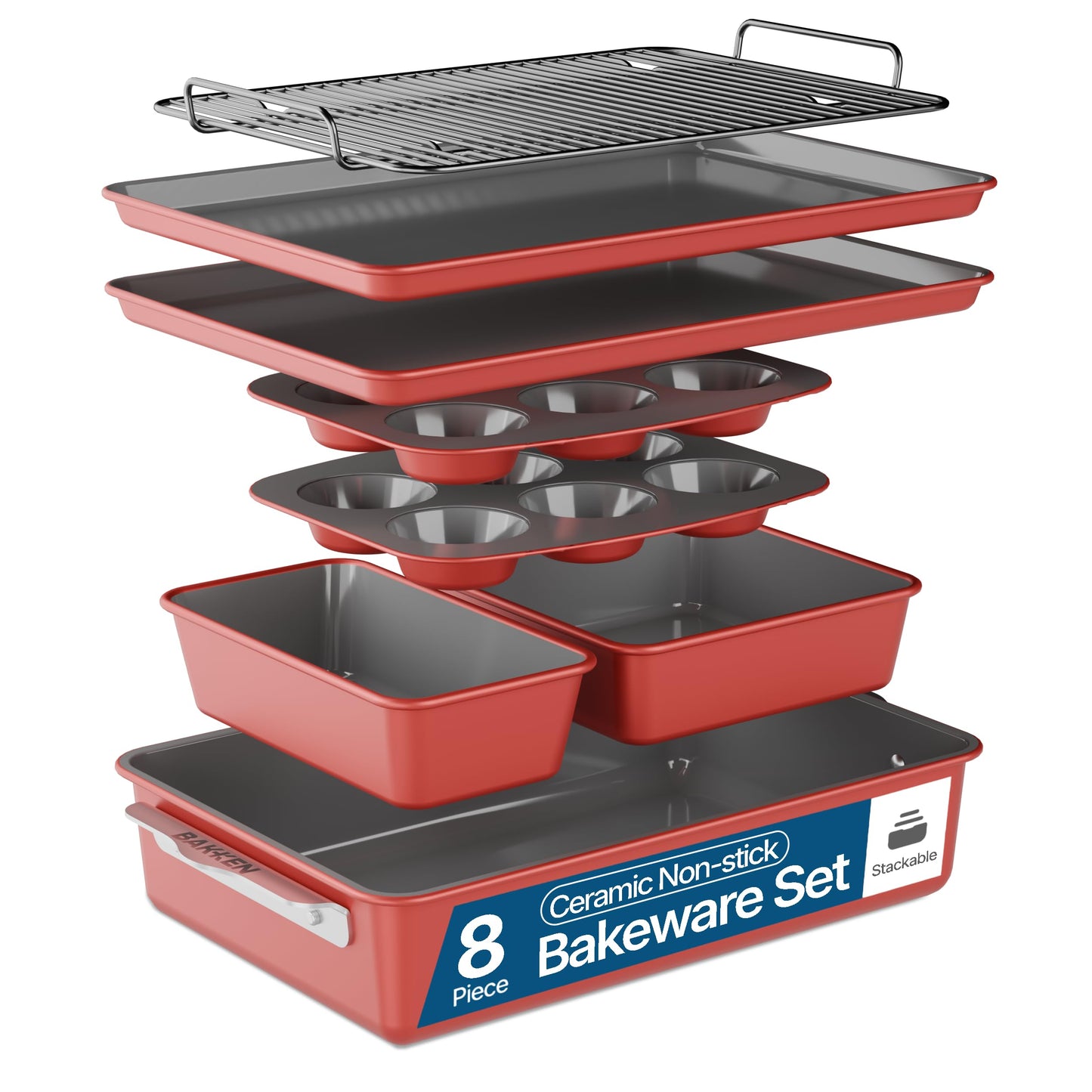 Bakken 8-Piece Ceramic Coated Bakeware Sets, Nonstick Aluminized Steel Pans with Muffin, Loaf, Cake, Roasting Pan, & Cooling Rack, Oven Safe Up To 500°F, Dishwasher Safe, BPA, PTFE & PFAS Free, Pink