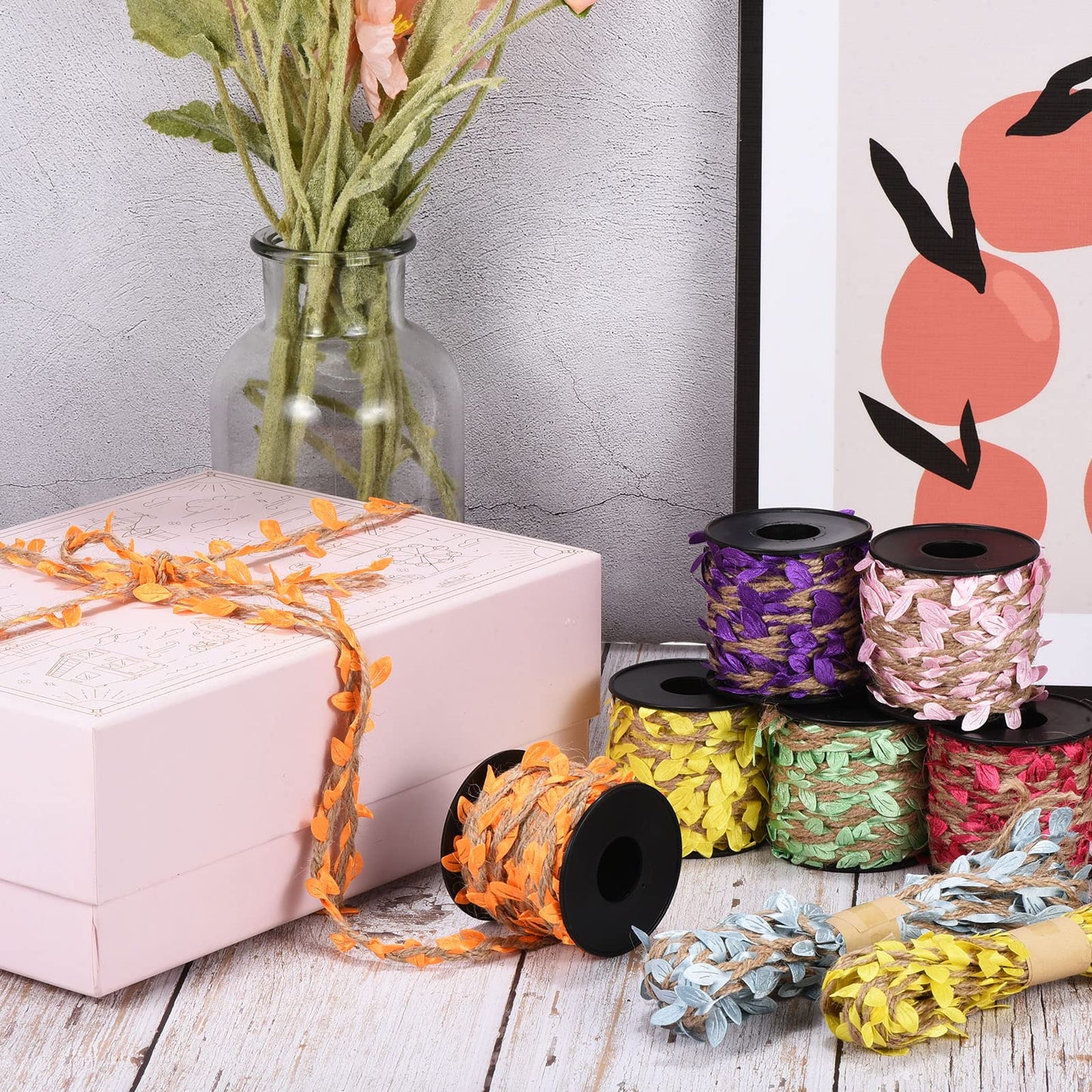 PATIKIL 33ft 5mm Burlap Leaf Ribbon, 2 Roll Braided Decoration Vine Natural Jute Rope Twine with Artificial Leaves for Jungle Wedding Party Home Garden Decor, Orange