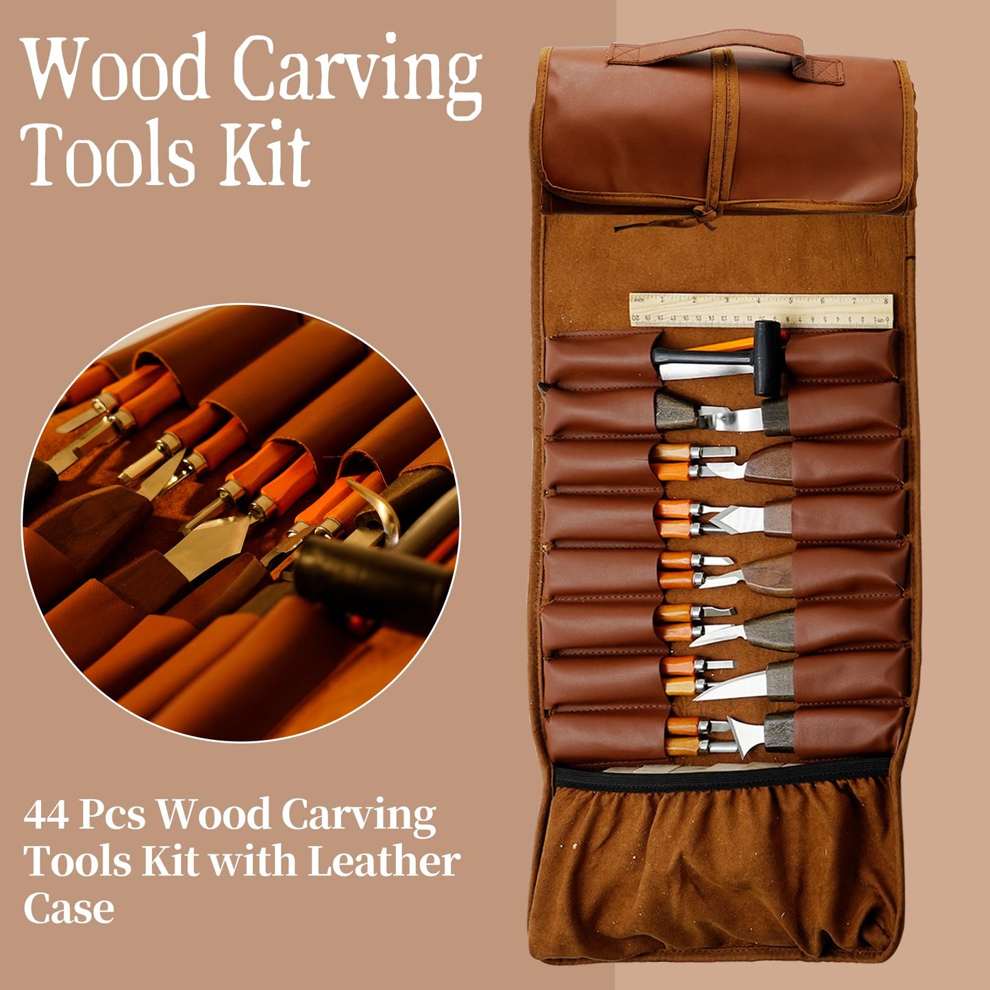 EDIETH 44Pcs Wood Carving Kit with Leather Case Complete Whittling Tool Set Includes Chisels, Knives, Gloves & Sharpening Stone for Beginners DIY Enthusiasts