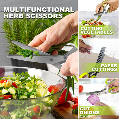 2 Pack Green Herb Scissors, Shallot Scissors, Multipurpose 5 Blade Kitchen Herb Shears, Herb Cutter with Safety Cover and Cleaning Comb for Chopping Shallot Basil Chive Parsley