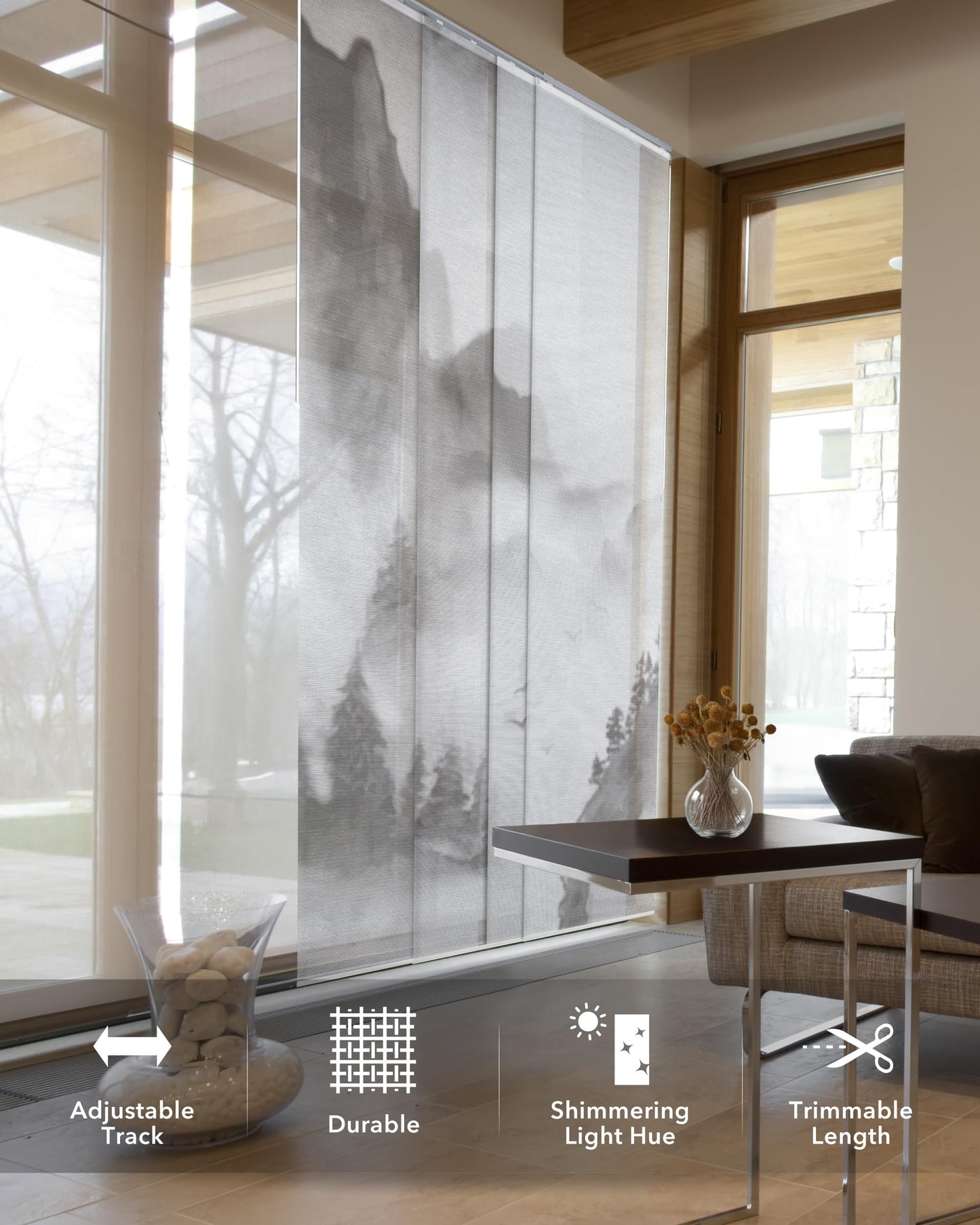 GoDear Design Airflow Sheer Adjustable Sliding Vertical Blinds, Cordless Trendy Door Blinds, Room Dividers, 45.8"- 86" W x 96" H, Extendable Track, Iridescent Panel Curtains, Art Prints, Shangri-La