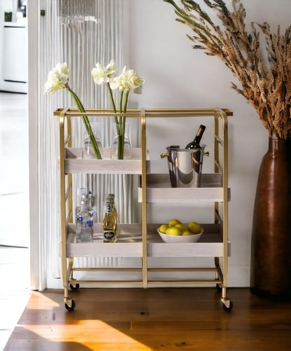 GOLGAILY 34" W x 17" D x 38" H Gold & White Washed Finish Serving Cart with 3 Open Compartments and Adjustable Trays