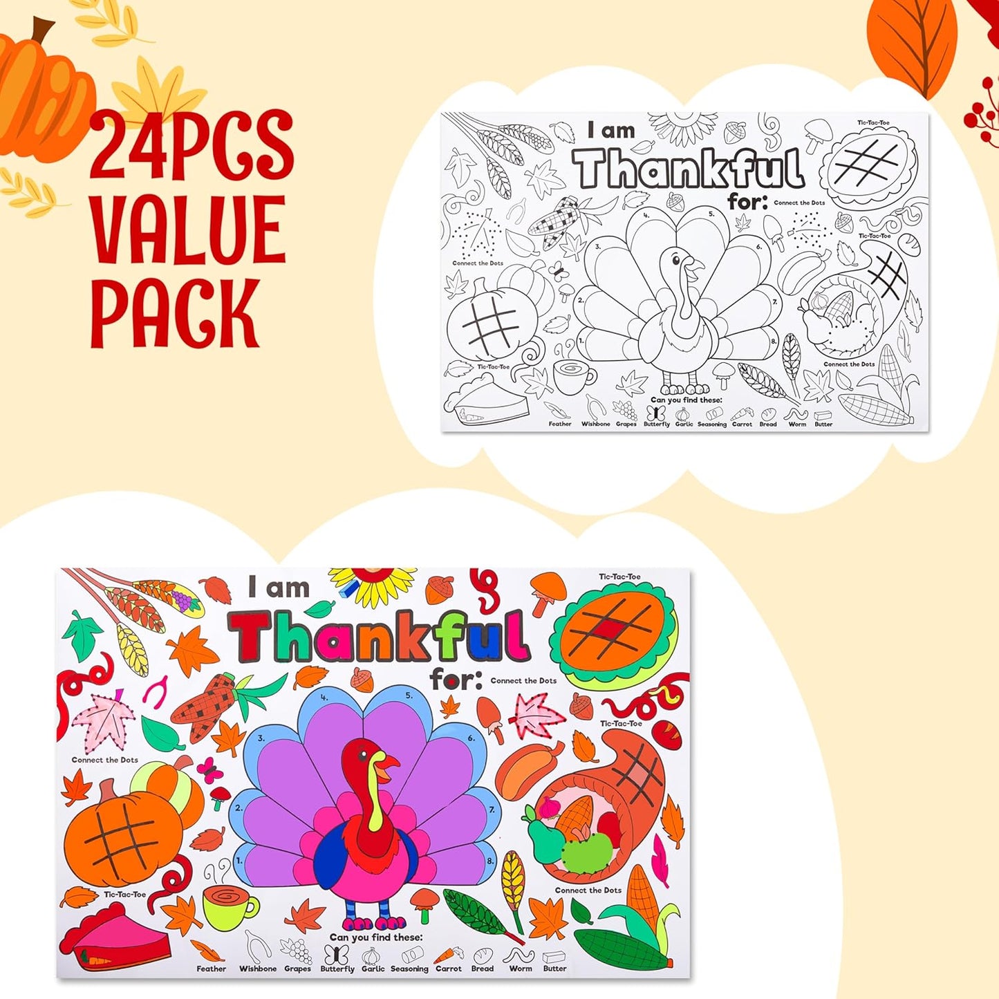 24 JOYIN Pcs Thanksgiving Coloring Placemats, Thanksgiving Turkey Coloring Paper Table Mats, Make Your Own Art & Craft