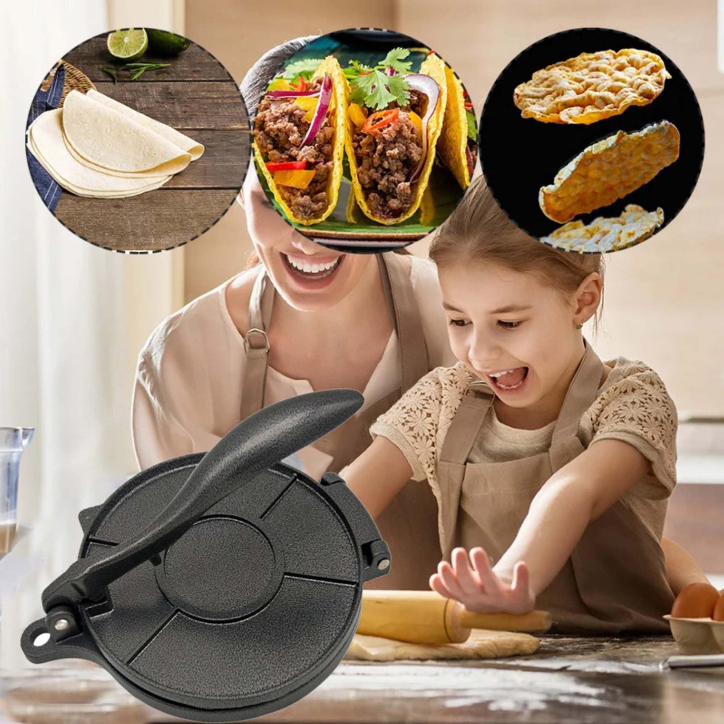 DelloidMaz 8 Inch Flour Tortilla Press, Aluminum Alloy Tortilla Maker, Roti Maker, Taco Maker, Taco Press, Dark Gray