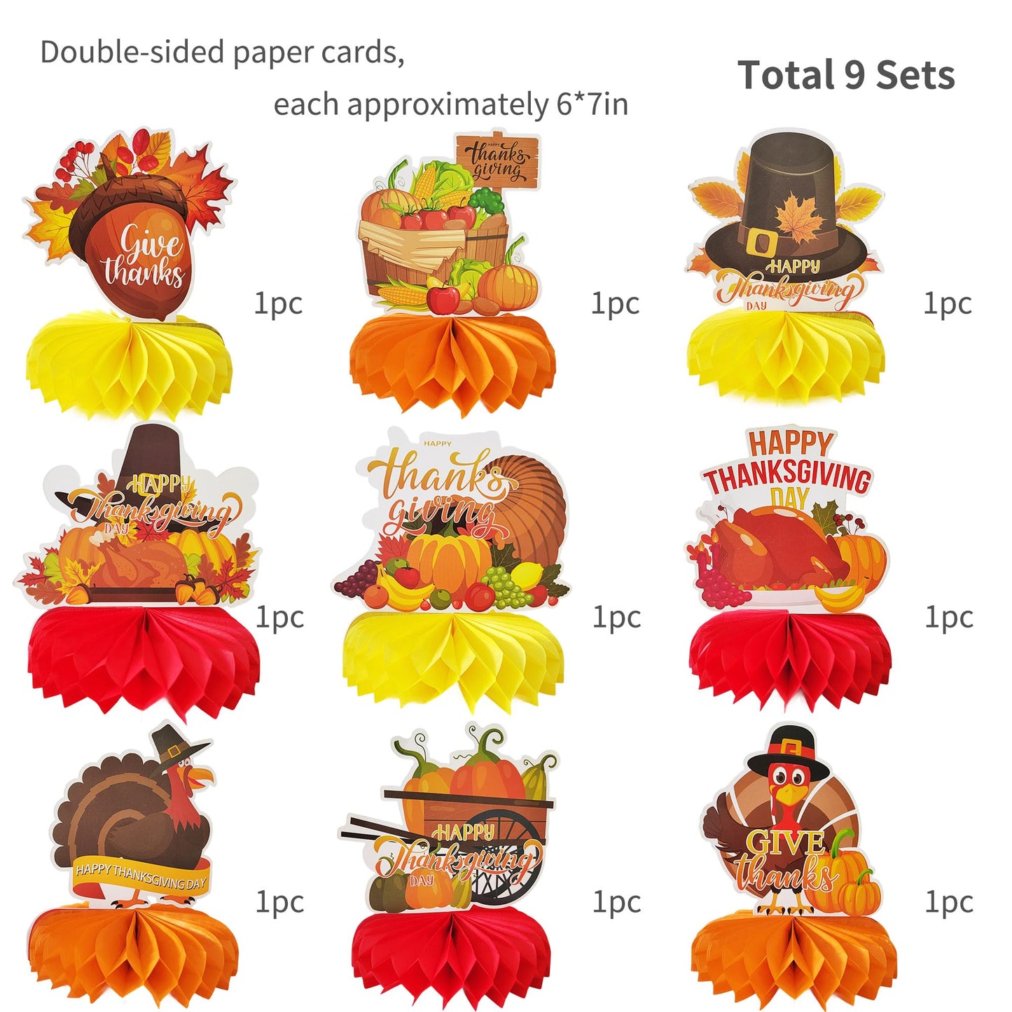 TiAaihion 9pcs Fall Table Decorations, Thanksgiving Honeycomb Centerpieces, Autumn Party Supplies, Pumpkin Sunflower Maple Leaf Decorations for Home Office Fall Party Decor