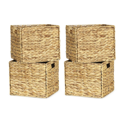 WEAVELYRICS Rectangular Storage Baskets 13x11in, 4 Pack Water Hyacinth Wicker Bins with Handles, Foldable Natural Organizer for Shelves Kitchen Closet, Handwoven Storage Cubes