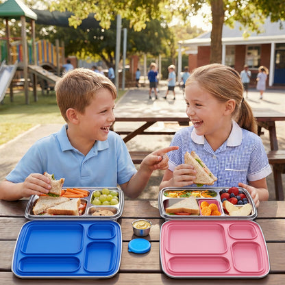 Eoika Stainless Steel Bento Box for Kids, Kids Lunch Box with 4-Compartment, Metal Lunch Box with Silicone Container & Sauce Cup, Durable Lunch Box Containers for School and Office (Blue)