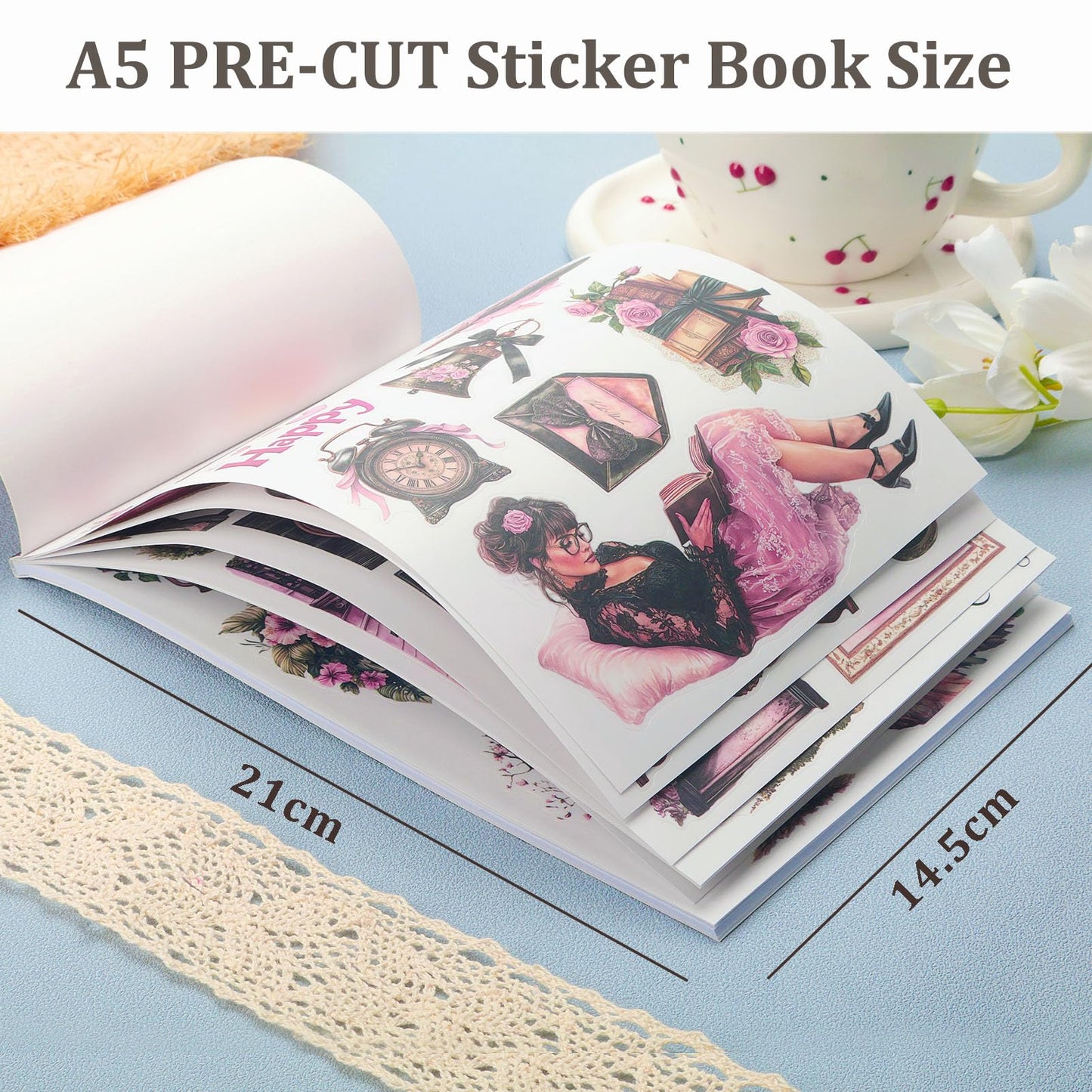 Snycler Black.Pink Theme Sticker Scrapbooking Supplies for Junk Journal, 20 Sheets PET Stickers - Vintage Journaling Stickers, Ephemera Sticker Book Pre Cut, Planner, Junk Journal Supplies