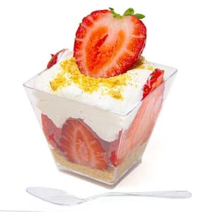 Tiny 50ct 2oz Mini Pyramid Plastic Dessert Cups with Spoons Professional-Grade Recyclable Disposable Party Cups and Mini Appetizers Dessert Shooter Cups Small Serving Plastic Cups CMJJ