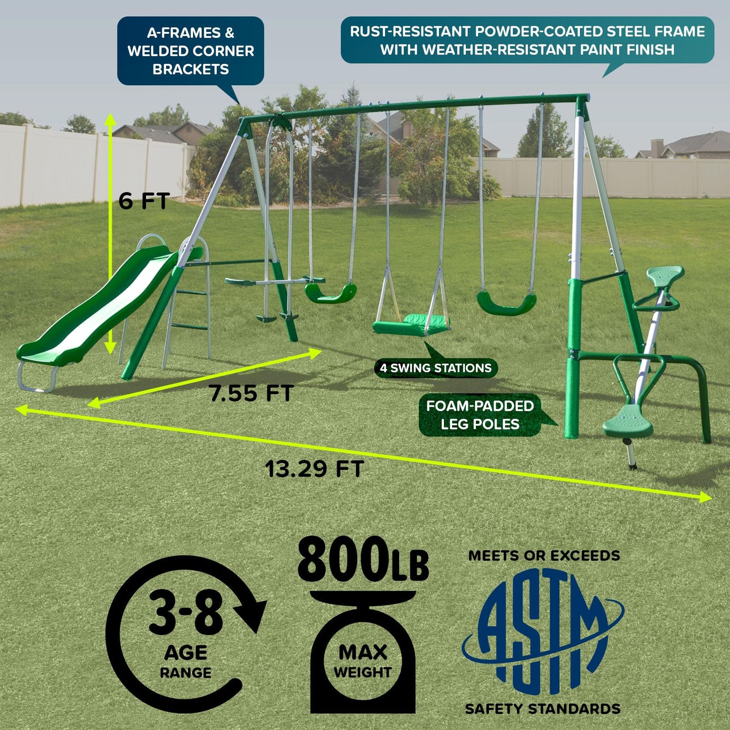 Sportspower Park Ridge Metal Swing Set for Ages 3-8, 2 Swings, Standing Swing, Roman Glider, Teeter Totter, 5ft Slide, 6.1ft Durable Steel Frame, Anchor Kit, 800lbs