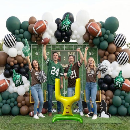 140PCS Football Party Balloon Arch Kit – Game Day Decorations with Football Foil Balloons, Referee Stripe Balloons, #1 Hand Balloons & Field Goal Post, Green Brown Black Balloon Garland