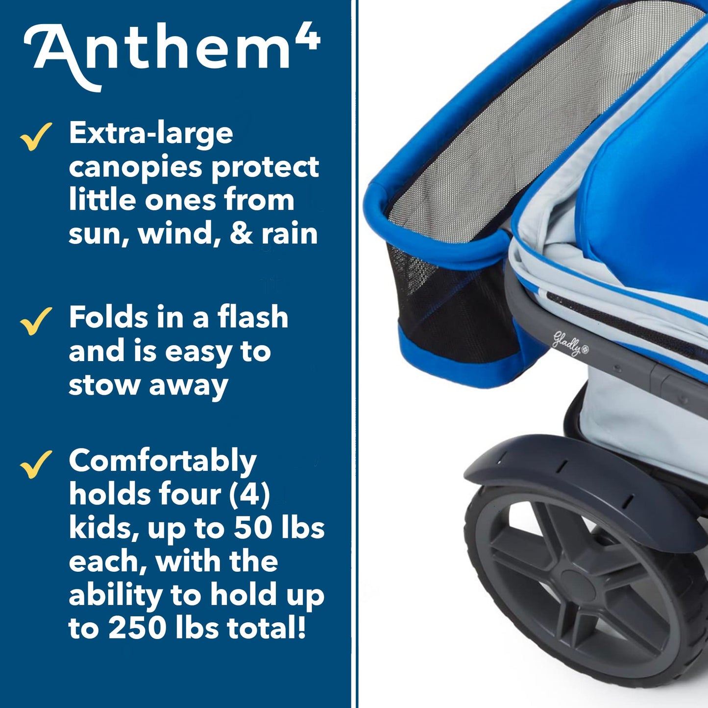 Gladly Family Anthem4 Quad All-Terrain Wagon Stroller with Easy Push and Pull, Removable XL Canopies, and Sturdy, Safe Folding for Storage and Transport, Electric Silver