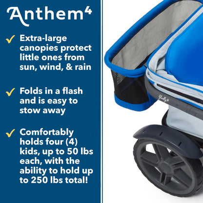 Gladly Family Anthem4 Quad All-Terrain Wagon Stroller with Easy Push and Pull, Removable XL Canopies, and Sturdy, Safe Folding for Storage and Transport, Electric Silver
