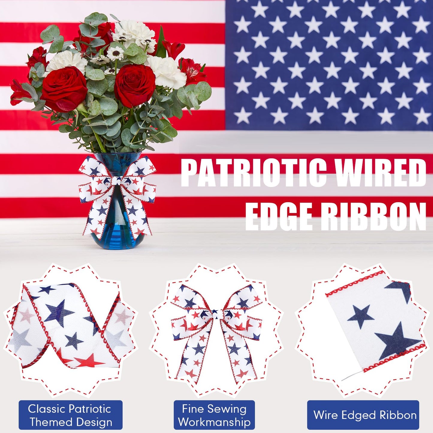 XunYee 2 Rolls Patriotic Ribbons 20 Yards American Red White and Blue Ribbon 4th of July Memorial Day Star USA Fabric Ribbon for Patriot Labor Party Bow Wreath Making DIY Crafts(1.5 Inch)