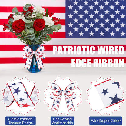 XunYee 2 Rolls Patriotic Ribbons 20 Yards American Red White and Blue Ribbon 4th of July Memorial Day Star USA Fabric Ribbon for Patriot Labor Party Bow Wreath Making DIY Crafts(1.5 Inch)